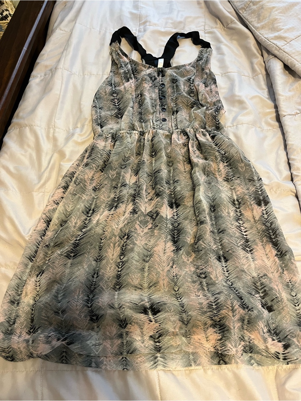Kensie Printed Mini Dress in Green and Blush with Black Straps